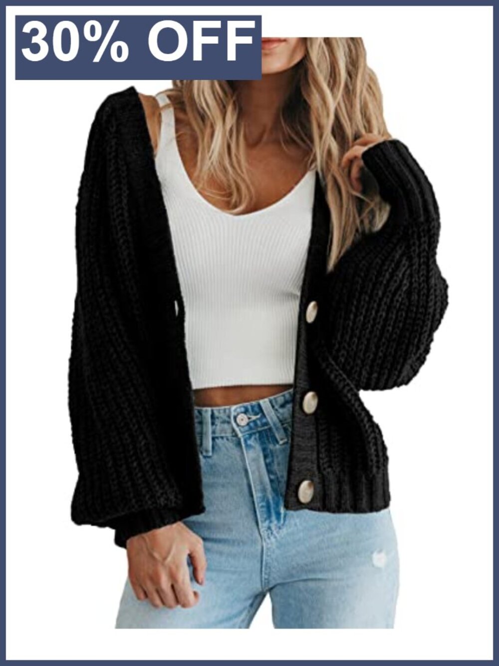 Chunky Knit Open Front Cardigan Long Sleeve V Neck Button Down Sweater